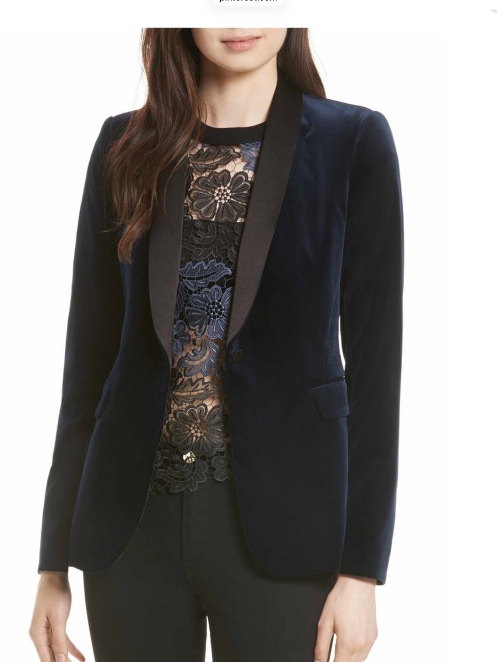 Alice and Olivia  Macey Navy Velvet Blazer with Black Satin Lapel